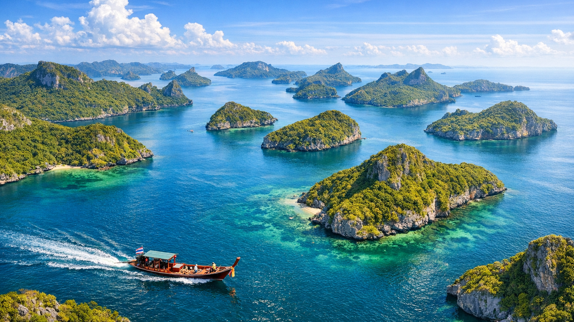 Boote im kristallklaren Wasser des Ang Thong Marine Nationalparks